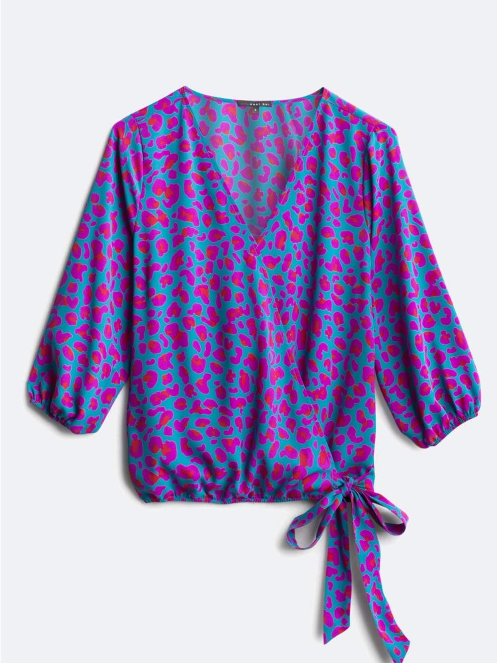 West Kei Nala Faux Wrap Blouse XL Blue Pink Leopard Print Tie Hem